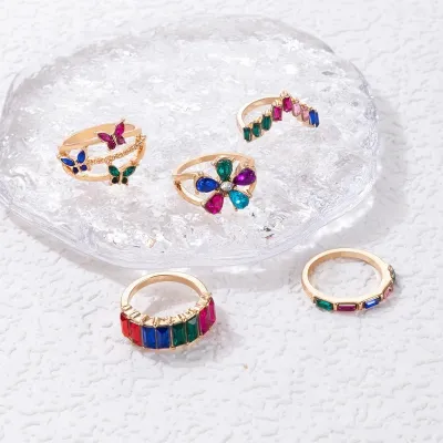 Multicolor Butterfly Flower Finger Ring Set (5 pcs)